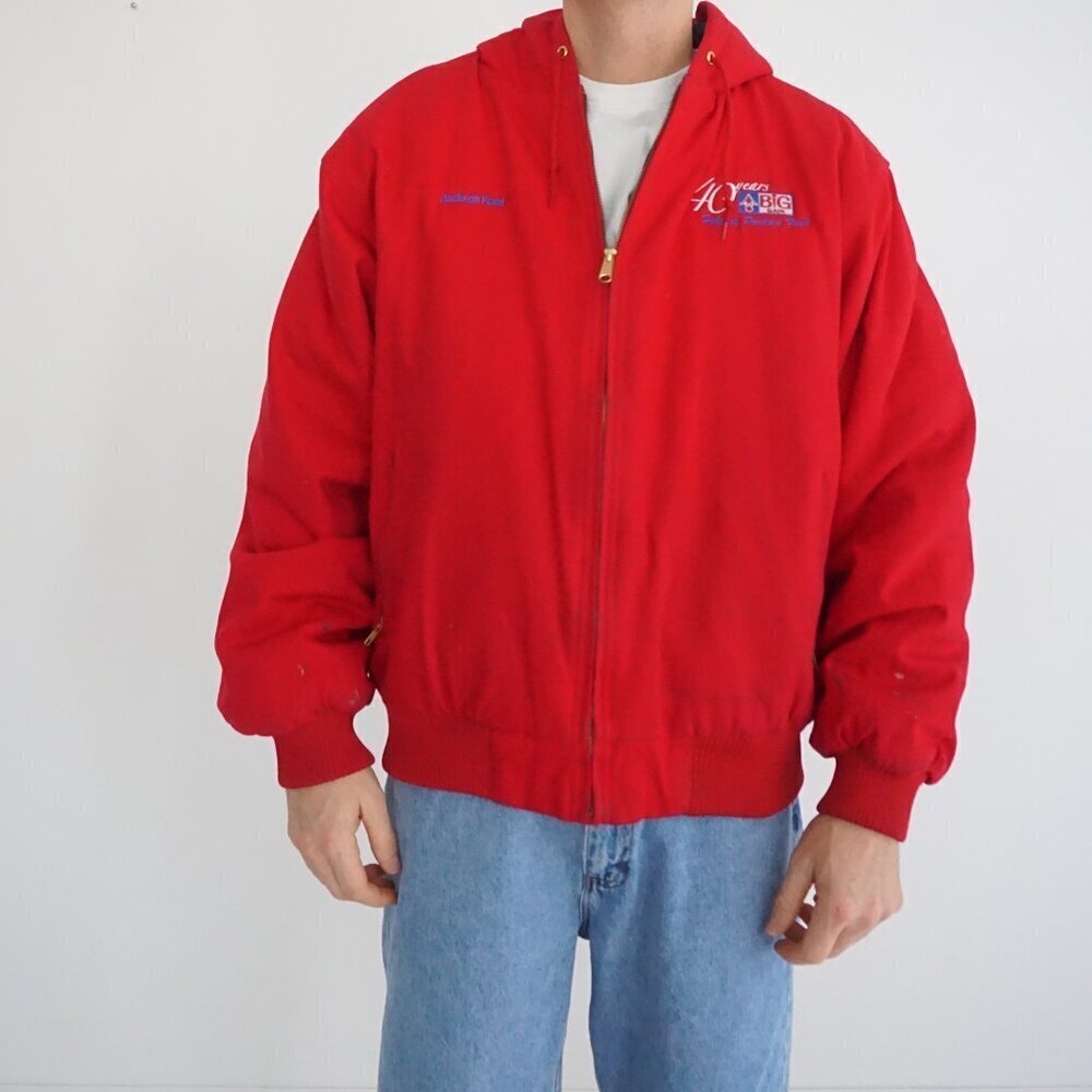 Tri Mountain Red Hooded Jacket Quilted Lined Workwear Outdoor Retro 90s Coat L